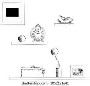 vector illustration of shelves and ornaments on them is drawn by hand in black and white.