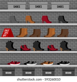 Vector illustration with shelves and shoes in flat style