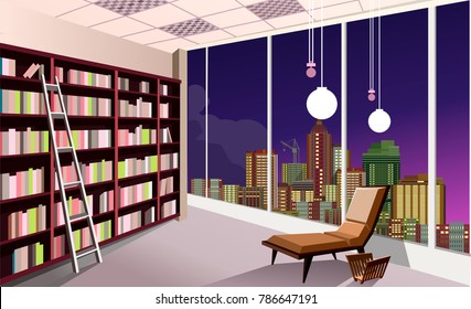 vector illustration of a shelving bookshelf on the wall in the great hall in the library of the panoramic window at the city skyline night