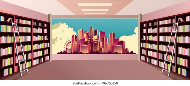 vector illustration of a shelving bookshelf on the wall in the great hall in the library of the panoramic window at the city skyline