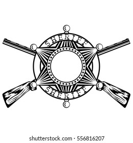 Vector illustration sheriff star frame and crossed rifle with ammunition. Lettering sheriff.