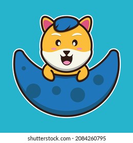 vector illustration of shiba dog above the blue moon, suitable for children's books, birthday cards, valentine's day.