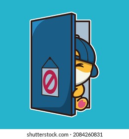 vector illustration of shiba dog behind the door, suitable for children's books, birthday cards, valentine's day.