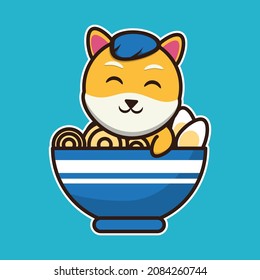 vector illustration of shiba dog in a big noodle bowl, suitable for children's books, birthday cards, valentine's day.