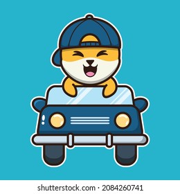 vector illustration of shiba dog driving a car, suitable for children's books, birthday cards, valentine's day.