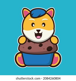 vector illustration of shiba dog hug cake, suitable for children's books, birthday cards, valentine's day.