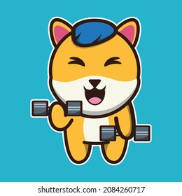 vector illustration of shiba dog lifting barbell, suitable for children's books, birthday cards, valentine's day.