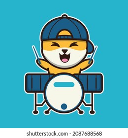 
vector illustration of shiba dog playing drum, suitable for children's books, birthday cards, valentine's day.
