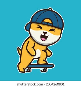 vector illustration of shiba dog skateboarding, suitable for children's books, birthday cards, valentine's day.