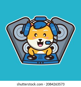  vector illustration of shiba dog wearing headphones and playing music on a turntable, suitable for children's books, birthday cards, valentine's day.