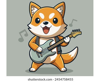 Vector illustration of a shiba inu, a cat playing the guitar with fun and enthusiasm.