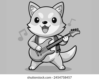 Vector illustration of a shiba inu, a cat playing the guitar with fun and enthusiasm.