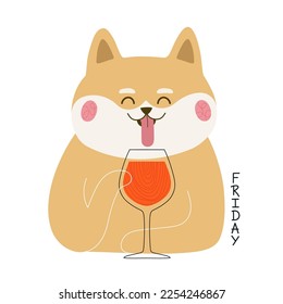 Vector illustration with shiba inu dog drinking red wine from wineglass and lettering word Friday. Cute apparel print design, cafe bar restaurant menu, wall decoration typography poster