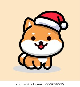 Vector illustration of a shiba inu dog cartoon character wearing a santa or christmas hat 