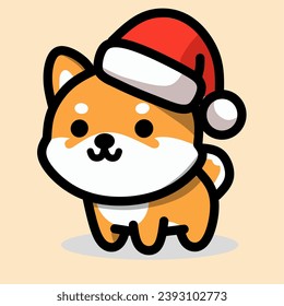 Vector illustration of a shiba inu dog cartoon character wearing a santa or christmas hat 