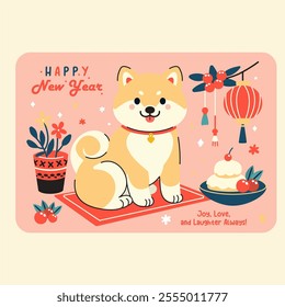 Vector Illustration of Shiba Inu Dog with Pastel New Year Decorations - Perfect for Cards and Festive Designs