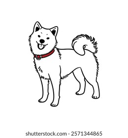 vector illustration of shiba inu dog doodle line art with a red neck belt.