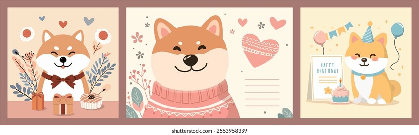 Vector Illustration of Shiba Inu Dogs in Cozy Sweaters - Pastel Palette