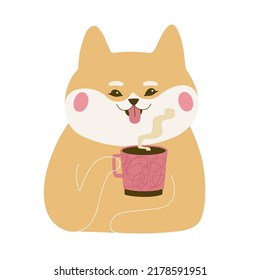 Vector illustration with shiba inu drinking tea, coffee or hot chocolate from pink mug. Cute apparel print design, cafe menu and wall decoration poster