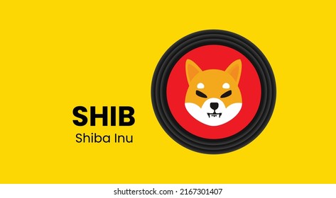 Vektorgrafik des Shiba Inu SHIB-Kryptologos auf gelbem Hintergrund mit Kopienraum. Shiba Inu, SHIB cryptoCurrency Token Logo oder Symbol Banner.