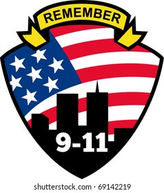 vector illustration of a shield with american flag stars and stripes and 9-11 World Trade Center building silhouette with words Remember 9-11