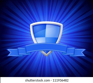 Vector illustration of shield with blue ribbon for message on starburst background
