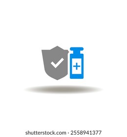 Vector illustration of shield with check mark and pharmaceutical vial bottle. Symbol of vaccine. Icon of medicament insurance.
