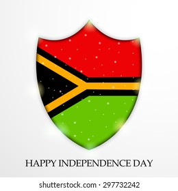 Vector illustration of a shield in colors of flag of The Vanuatu and an inscription of Vanuatu Happy Independence Day.