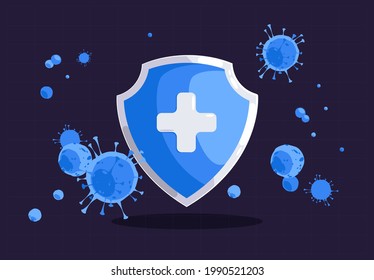 Vector illustration shield with cross protection against virus cells, protection against COVID-19