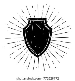 Vector illustration with a Shield and divergent rays on blackboard. Used for poster, banner, web, t-shirt print, bag print, badges, flyer, logo design and more. Cartoon Shield
