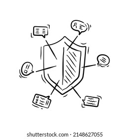 Vector illustration of shield in doodle style on white background.