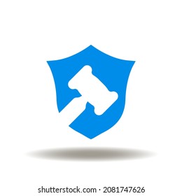 Vector illustration of shield with gavel. Symbol of law. Icon of justice and legislation. Lawyer agency, attorney company, legal service sign.