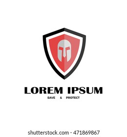 Vector illustration of shield with helmet. Company logo design template. Flat icon of shield with helmet.