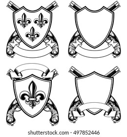 Vector illustration shield with heraldic flower Lily (fleur-de-lys or fleur-de-lis) and crossed old flintlock pistols