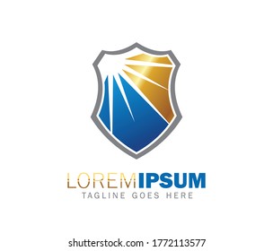 A vector illustration of shield and light shine on gold and blue color combo