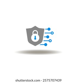 Vector illustration of shield with lock and circuit pattern. Icon of ISO 27001 standard security quality control. Symbol of cyber security.