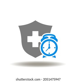 Vector illustration of shield with medical cross and alarm clock. Icon of long term care. Symbol of medicine insurance.