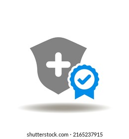 Vector Illustration Of Shield With Medical Pharmacy Cross And Stamp With Check Mark. Icon Of Medical Standard Compliance. Symbol Of Medicine Product Intellectual Property Protect.