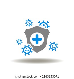 Vector illustration of shield with medical plus and viruses. Icon of immunity. Symbol of immune defense human system.