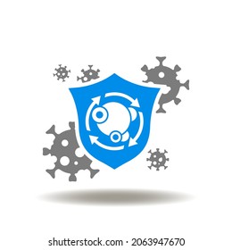 Vector illustration of shield with metabolism hormone molecule process and viruses. Symbol of metabolism and immune system. Icon of immunity - human health defense.