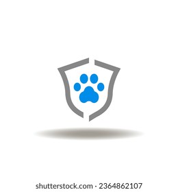 Vector illustration of shield and paw print. Icon of pet care. Symbol of animal protection, insurance. Sign of veterinary.