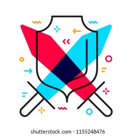 Vector illustration of shield with red and blue sword on white background. Logo of the fight between good and evil concept. Flat line art style design