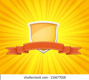 Vector illustration of shield with red ribbon for message on sunrays background