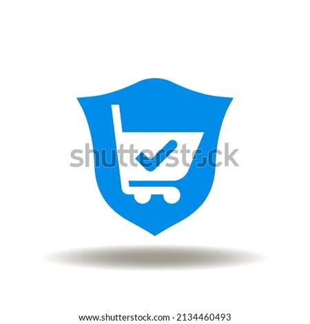Vector illustration of shield with shopping cart and ceck mark. Symbol of PCI DSS Payment Card Industry Data Security Standard. Icon of financial data security and protection standards.