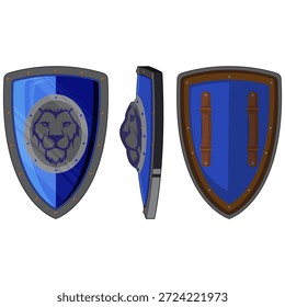 Vector illustration of a shield shown from front, side, and back views, representing protection, security, defense, and safety concepts.