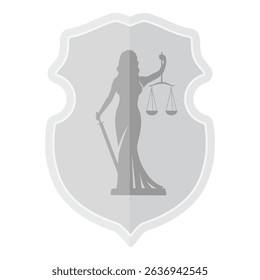 Vector illustration of shield with silhouette of Lady Justice Justitia. Themis holding sword and scales. For attorneys, legal firms, law offices and court  materials. Isolated on white background