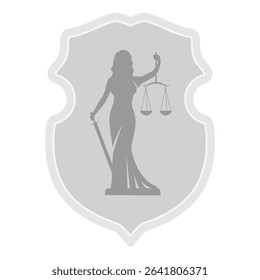 Vector illustration of shield with silhouette of Lady Justice Justitia. Themis holding sword and scales. For attorneys, legal firms, law offices and court  materials. Isolated on white background