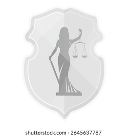 Vector illustration of shield with silhouette of Lady Justice Justitia. Themis holding sword and scales. For attorneys, legal firms, law offices and court  materials. Isolated on white background