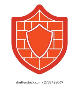 A vector illustration of a shield superimposed on a brick wall pattern, representing a digital firewall and network security.