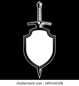 Vector illustration. Shield and sword black and white logo.